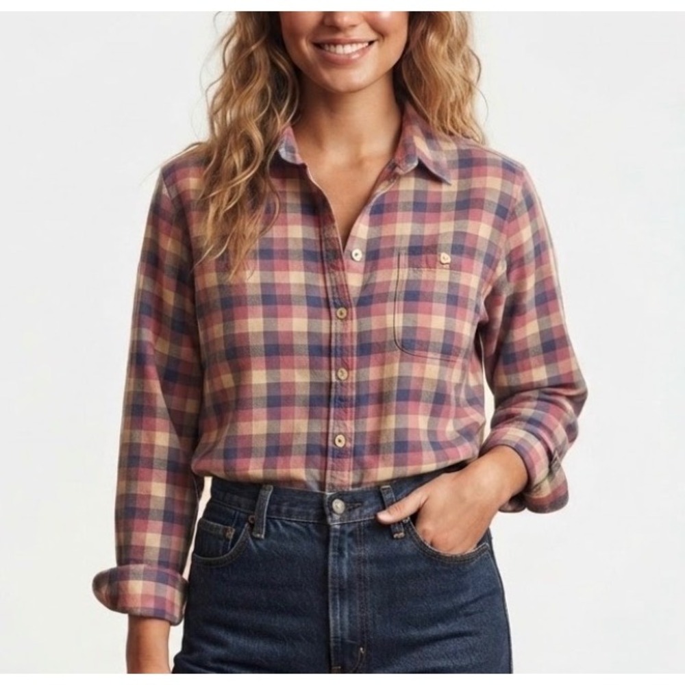 Vintage LL Bean Plaid Flannel Shirt Made in USA Pink Blue Cotton Button Down 18